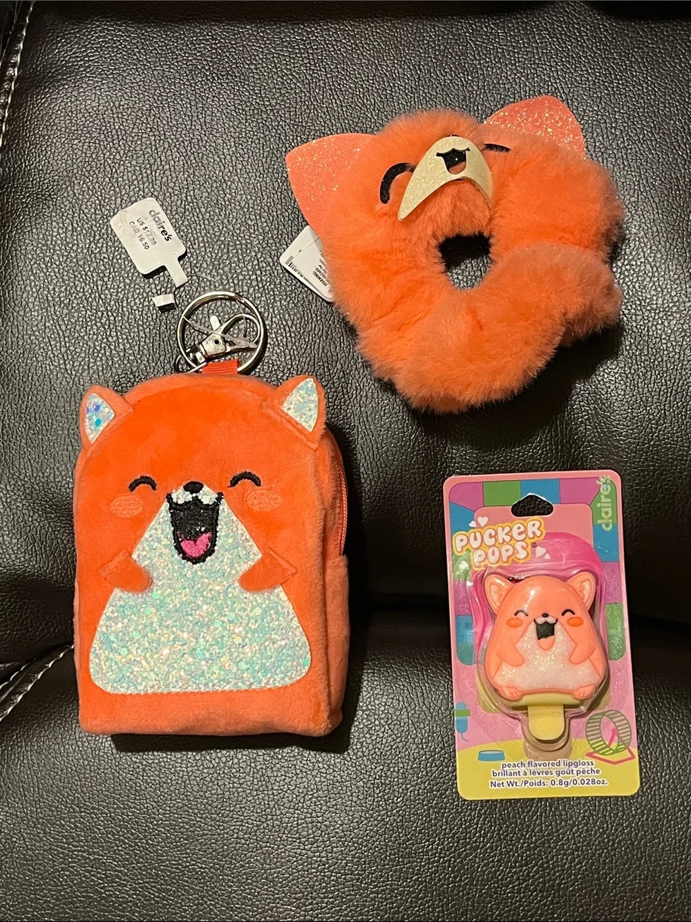 Claire’s Orange Fox Mini Backpack Coin Purse, Scrunchie & Lip Gloss Bundle | NWT